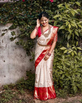 ANUVRATA Self Design Banarasi Jacquard Saree(White, Red)