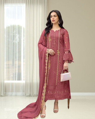 Dealbazaars Corporation Georgette Dyed, Embroidered, Checkered, Embellished, Self Design Salwar Suit Material