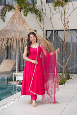 DR Enterpris Chanderi Solid Gown/Anarkali Kurta & Bottom Material