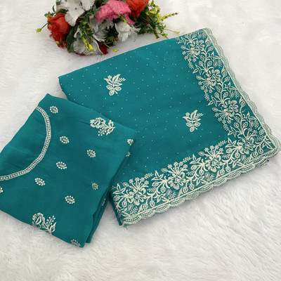 Mikhushop Embroidered Bollywood Silk Blend Saree(Light Blue)