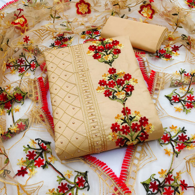 PRIPA8 Cotton Blend Embroidered Kurta & Churidar Material