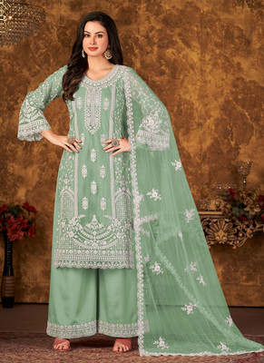 TRIVORA Net/Lace Embroidered Kurta & Palazzo Material