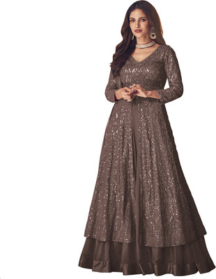 SHAFNUFAB Georgette Embroidered Gown/Anarkali Kurta & Bottom Material
