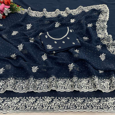 DkCartel Embroidered Bollywood Silk Blend Saree(Dark Blue)