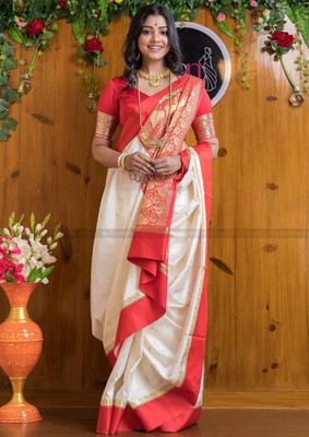 shreebrahmani Printed Bollywood Pure Silk Saree(White, Red)