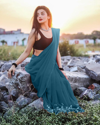 GUNHILD Solid/Plain Banarasi Georgette Saree(Light Blue)