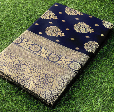 Alakh Creation Embroidered Banarasi Pure Silk Saree(Dark Blue)