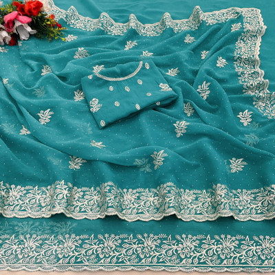 DkCartel Embroidered Bollywood Silk Blend Saree(Light Blue)