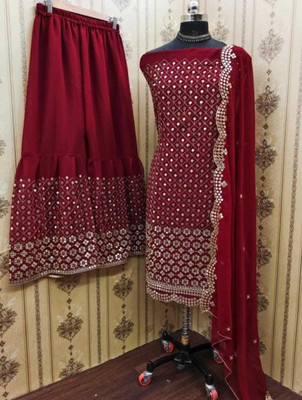 CLOTHLEMON Georgette Embroidered Kurta & Sharara Fabric