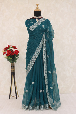 Dk Trendz Embroidered Bollywood Silk Blend Saree(Dark Green)