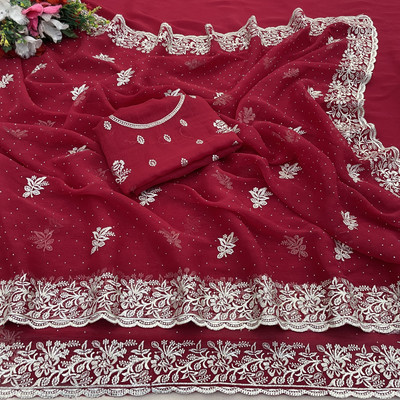 KHRITI FAB Embroidered Bollywood Silk Blend Saree(Red)
