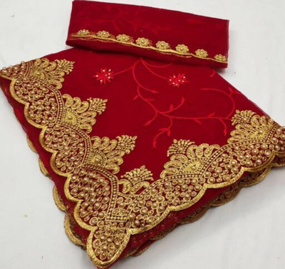 KHRITI FAB Embroidered Bollywood Net Saree(Red)