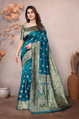 DESTY Embellished, Self Design, Solid/Plain, Applique, Woven Banarasi Jacquard, Silk Blend Saree(Dark Blue)