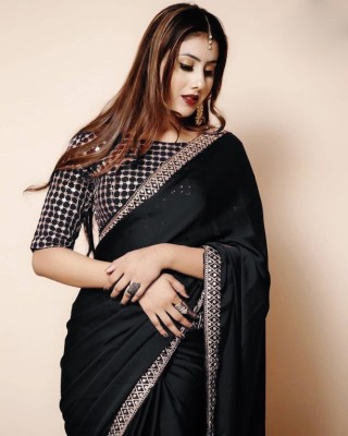 DHARMEE Solid/Plain Bollywood Georgette Saree(Black)