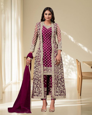 Dealbazaars Corporation Net/Lace Dyed, Embroidered, Embellished, Self Design Kurta with Jacket & Bottom Material