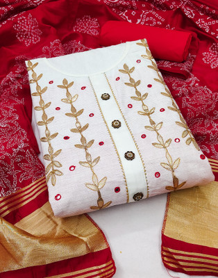 Samah Cotton Blend Embroidered, Embellished, Self Design Salwar Suit Material