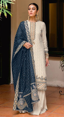 HEER FASHION Georgette Embroidered Salwar Suit Material