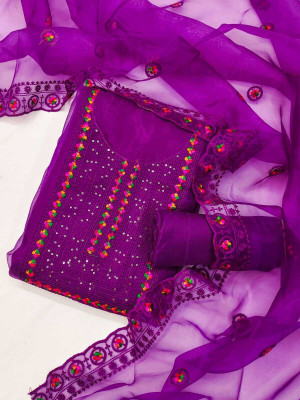FREYLU Organza Embroidered Salwar Suit Material