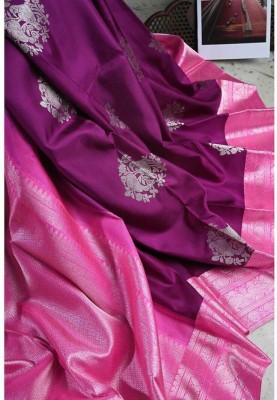 LIMVRUX Woven, Animal Print, Embroidered, Floral Print, Hand Painted, Printed, Solid/Plain, Applique Kanjivaram Jacquard, Pure Silk Saree(Purple)