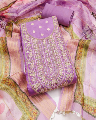 Peachmode Cotton Silk Embroidered, Embellished Salwar Suit Material