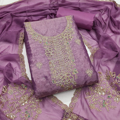 Shree Meladi Pure Silk Solid, Embroidered, Floral Print, Embellished Salwar Suit Material