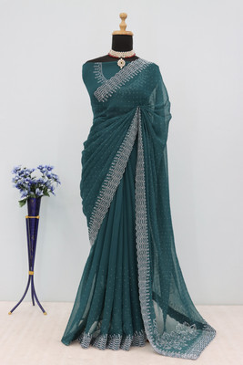 EthnicAura Embellished Bollywood Organza Saree(Dark Blue)