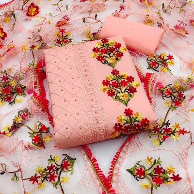 MEHZEEL FAB Cotton Blend Embroidered Kurta & Churidar Material