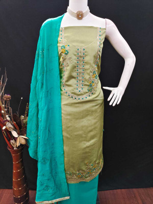 Ankit fashion Silk Blend Embroidered Salwar Suit Material