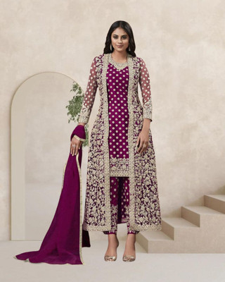 Dealbazaars Corporation Net/Lace Dyed, Embroidered, Embellished, Self Design Kurta with Jacket & Bottom Material