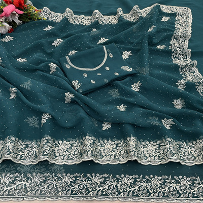 Dk Trendz Embroidered Bollywood Silk Blend Saree(Dark Green)