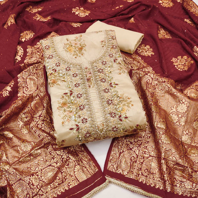 Shadow & Saining Silk Blend Embroidered Salwar Suit Material