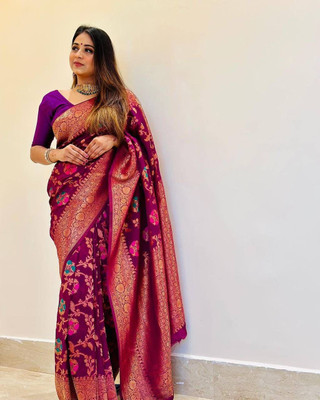 Bhakti Creative Solid/Plain Banarasi Silk Blend Saree(Purple)