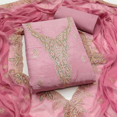 Shree Meladi Pure Silk Solid, Embroidered, Floral Print, Embellished Salwar Suit Material