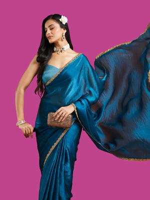 Croza Solid/Plain Bollywood Silk Blend Saree(Blue)
