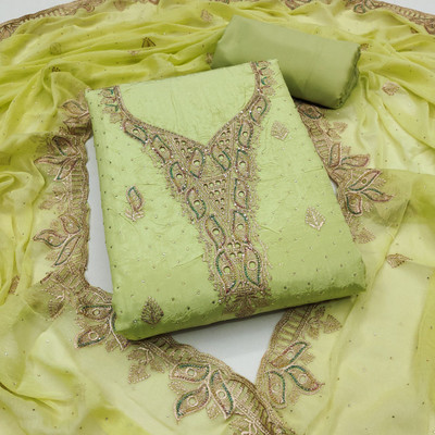 Shree Meladi Pure Silk Solid, Embroidered, Floral Print, Embellished Salwar Suit Material