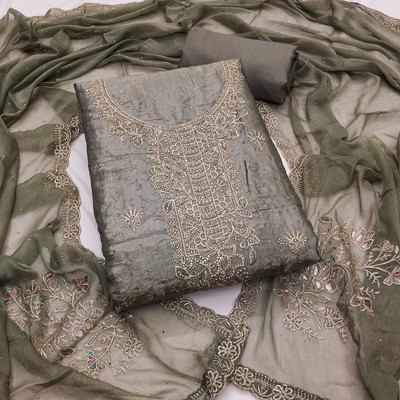 Shree Meladi Pure Silk Solid, Embroidered, Floral Print, Embellished Salwar Suit Material