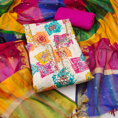 ShopGlobal Cotton Blend Embellished, Printed Salwar Suit Material