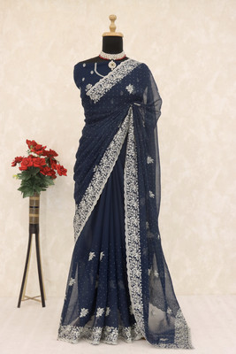 Dk Trendz Embroidered Bollywood Silk Blend Saree(Dark Blue)