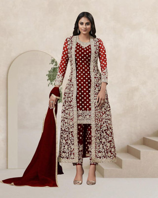 Dealbazaars Corporation Net/Lace Dyed, Embroidered, Embellished, Self Design Kurta with Jacket & Bottom Material