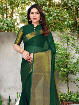 V And V Shop Solid/Plain Bollywood Chiffon Saree(Green)
