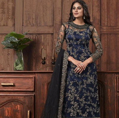 TRIVORA Net/Lace Embroidered Kurta & Churidar Material