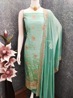 Shree Meladi Pure Silk Solid, Embroidered, Floral Print, Embellished Salwar Suit Material