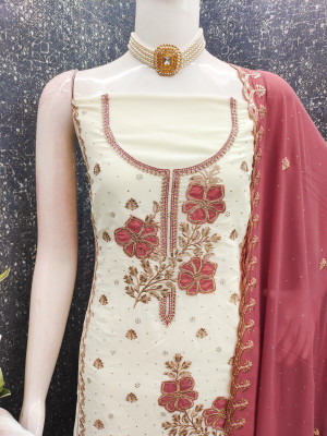 Shree Meladi Pure Silk Solid, Embroidered, Floral Print, Embellished Salwar Suit Material