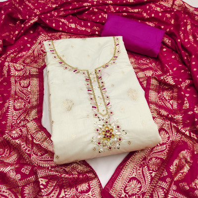 ShopGlobal Cotton Silk Embroidered, Embellished Salwar Suit Material