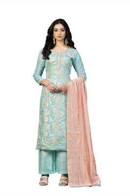 manvaa Silk Blend Embroidered Salwar Suit Material