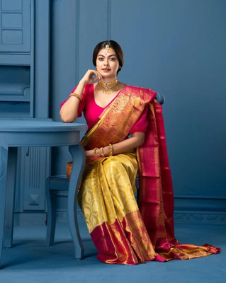 Rudr Venture Digital Print Banarasi Silk Blend Saree(Yellow)