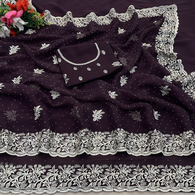 DkCartel Embroidered Bollywood Silk Blend Saree(Purple)