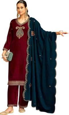 DRAVINAM Trends Velvet Embroidered Salwar Suit Material