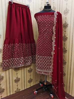 Sundhaji Trends Georgette Embroidered Kurta & Sharara Fabric