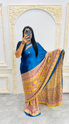 ANUVRATA Printed, Self Design, Woven Assam Silk Pure Silk Saree(Blue, Yellow)